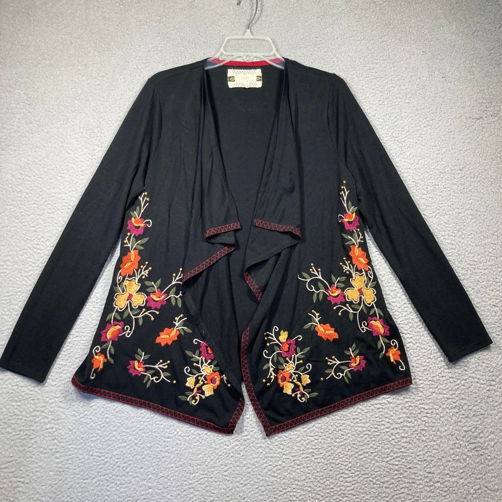 Cupio Blush Open Front Cardigan Women Large Black Floral Embroidered Draped Boho